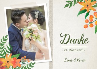 Dankeskarte zur Hochzeit Vintage Blumen mit Foto