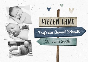 Danksagung zur Taufe blau Fotos, Wegweiser und Herzen