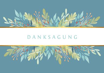 Danksagungskarte blau mit Blumenschmuck