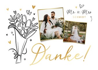 Danksagungskarte Hochzeit Fotos & Doodles Goldelemente