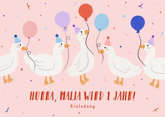 Einladung 1. Kindergeburtstag Gänse mit Partyhut & Ballons