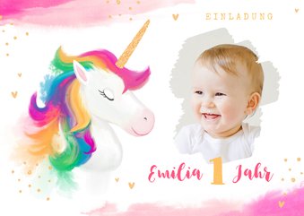 Einladung 1. Kindergeburtstag gezeichnetes Einhorn