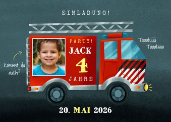 Einladung 4. Kindergeburtstag Feuerwehrauto mit Foto