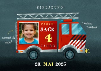 Einladung 4. Kindergeburtstag Feuerwehrauto mit Foto