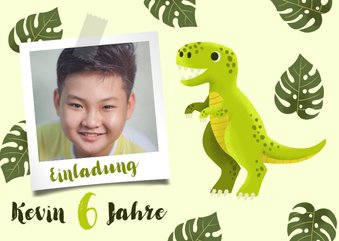 Einladung 6. Kindergeburtstag Dinosaurier, Foto und Blätter