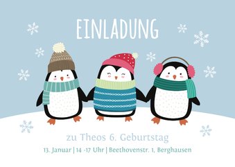 Einladung 6. Kindergeburtstag Party-Pinguine blau