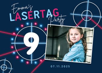 Einladung 9. Kindergeburtstag Lasergame pink mit Foto