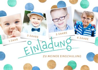 Einladung Einschulung Fotocollage & Konfetti blau