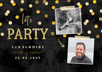 Einladung Geburtstagsparty auf Tafel mit Fotos und Konfetti