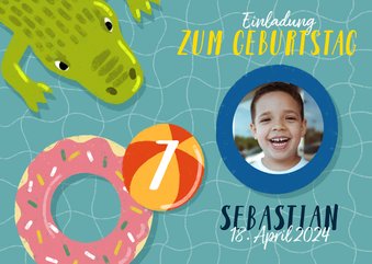 Einladung zum 7. Kindergeburtstag mit Wasser und Krokodil