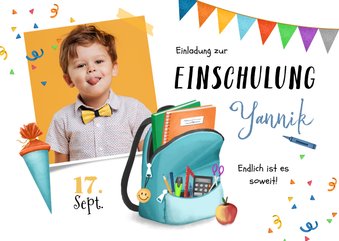 Einladung zur Einschulung blauer Rucksack & Foto