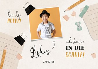 Einladung zur Einschulung Foto, blauer Spitzer & Bleistift