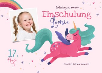 Einladung zur Einschulung Foto, Einhorn & Regenbogen