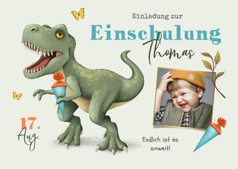 Einladung zur Einschulung mit Foto und T-Rex