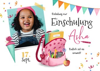 Einladung zur Einschulung pink Rucksack & Foto