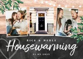 Einladung zur Housewarming Holz und Kreide mit 4 Fotos