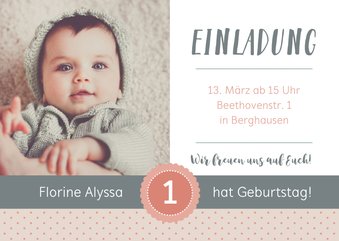 Einladungskarte 1. Kindergeburtstag sanftes Rosé mit Foto