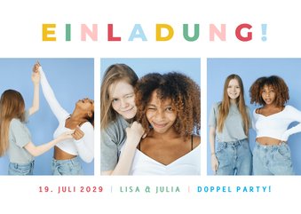 Einladungskarte 3 Fotos Doppel Geburtstag bunt