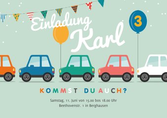 Einladungskarte bunte Autos 3. Geburtstag