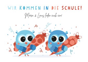 Einladungskarte Einschulung Zwillingseulen