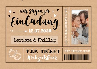 Einladungskarte Hochzeit Ticket Kraftpapier mit Foto