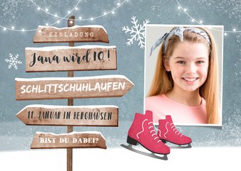 Einladungskarte rosa Schlittschuhe, Foto und Wegweiser