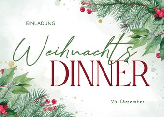 Einladungskarte Weihnachtsdinner Tannenzweige und Beeren