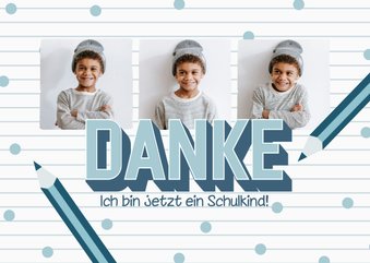 Einschulungs-Dankeskarte Fotoserie & blaue Buntstifte