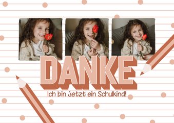 Einschulungs-Dankeskarte Fotoserie & rosa Buntstifte