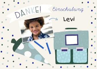 Foto-Danksagung zur Einschulung blau Schulranzen & Schultüte