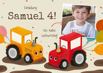 Foto-Einladung 4. Kindergeburtstag Traktor-Duo