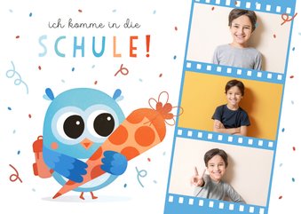 Foto-Einladung Einschulung blaue Eule mit Schultüte