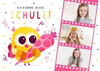 Foto-Einladung Einschulung gelbe Eule mit Schultüte