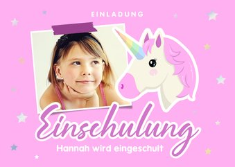 Foto-Einladungskarte Einschulung Pink Unicorn