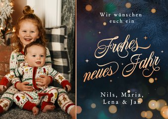 Foto-Neujahrskarte Bokeh Schriftzug Kupferoptik