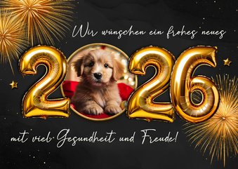 Foto-Neujahrskarte Luftballon 2026 Feuerwerk