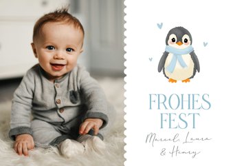 Foto-Weihnachtskarte Pinguin mit Schal hellblau