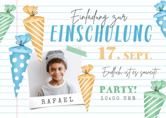 Fotokarte Einladung Einschulung bunte Schultüten