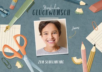 Fotokarte Glückwunsch Schulanfang blau