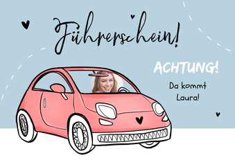 Glückwunschkarte Führerschein Foto rosa Auto