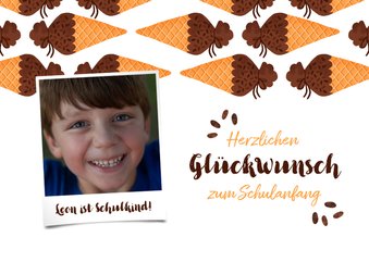 Glückwunschkarte Schulanfang Foto & braune Schultüten