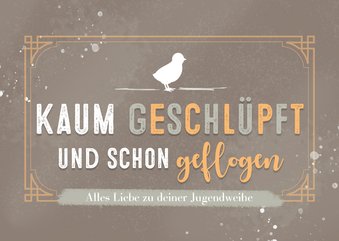 Glückwunschkarte zur Jugendweihe 'Geschlüpft und geflogen'