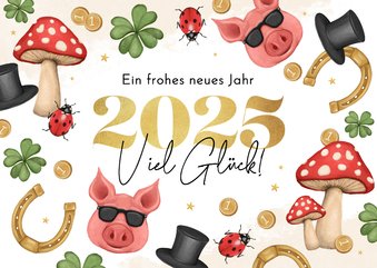 Grußkarte 'Frohes neues Jahr' Glücksbringer 2025