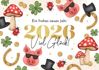 Grußkarte 'Frohes neues Jahr' Glücksbringer 2026