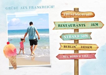 Grußkarte Urlaub mit Foto, Wegweiser und Eis im Aquarelllook