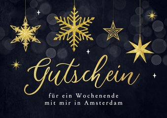 Gutschein Weihnachtskarte Sterne Schneekristalle gold