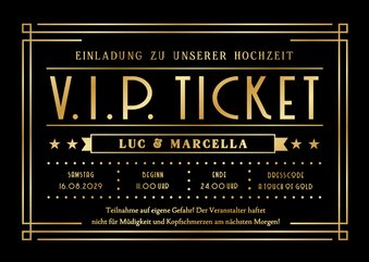 Hochzeitseinladung schwarz-gold Artdeco VIP-Ticket