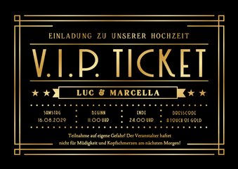 Hochzeitseinladung schwarz-gold Artdeco VIP-Ticket