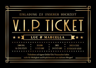 Hochzeitseinladung schwarz-gold Artdeco VIP-Ticket