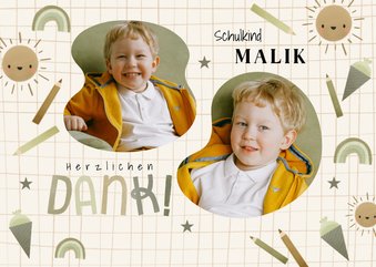 Karte Danke Einschulung olivgrün, Fotos & kleine Symbole